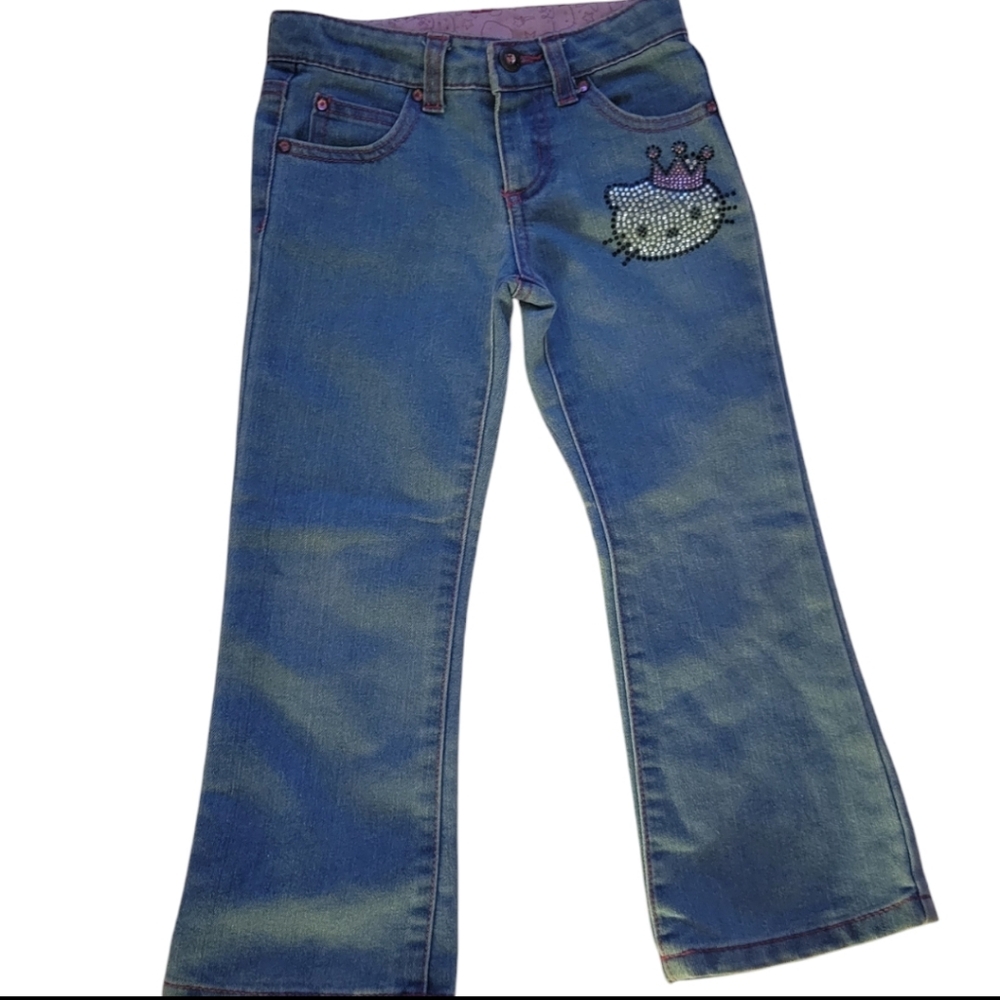 Girls Size 4 Princess Hello Kitty Jeans, Rhinestones, Embroidery Bling Boot Cut